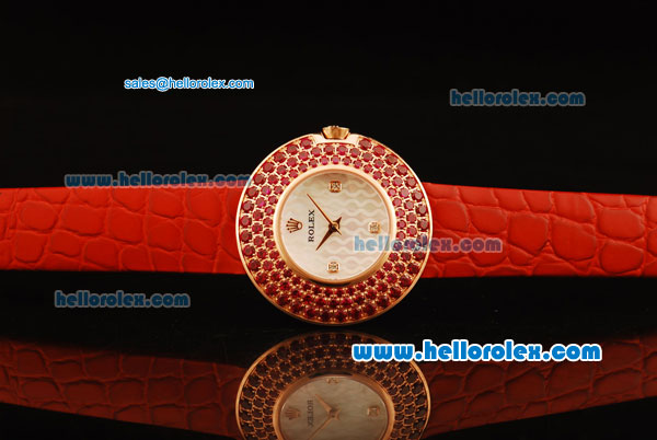 Rolex Datejust Swiss Quartz Movement Rose Gold Case with Red Diamond Bezel and Red Leather Strap - Lady Size - Click Image to Close